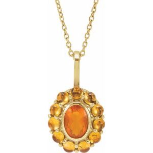 14K Yellow Gold Oval 7 X 5 Mm  Natural Mexican Fire Opal And Natural Citrine Cabochon Halo-Style Necklace, Length: 18 In