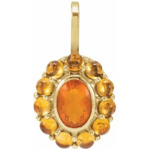 14K Yellow Gold Oval 7 X 5 Mm Natural Mexican Fire Opal And Natural Cabochon Citrine Halo-Style Pendant
