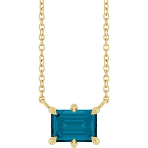 14K Yellow Gold Emerald 7 X 5 Mm  Natural London Blue Topaz 6-Prong Solitaire Necklace, Length: 18 In