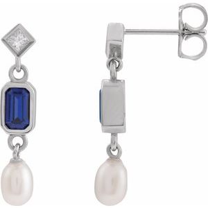 14K White Gold Emerald 5 X 3 Mm Lab-Grown Blue Sapphire And .05 Ctw Natural Diamond And Cultured Pearl Dangle Earrings