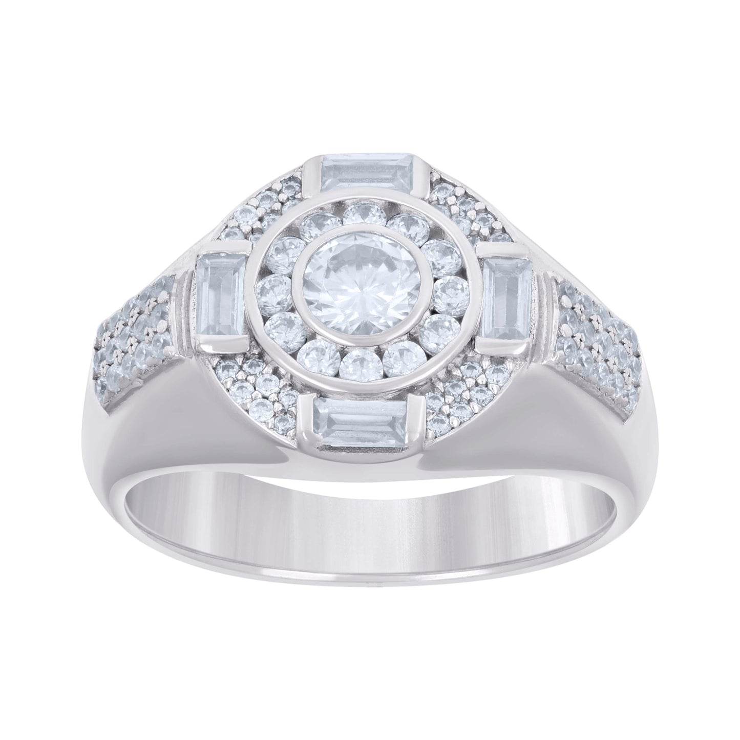 Sterling Silver Men's Baguette Round Cubic-Zirconia Fashion Bridal Anniversary Wedding Engagement Band Ring