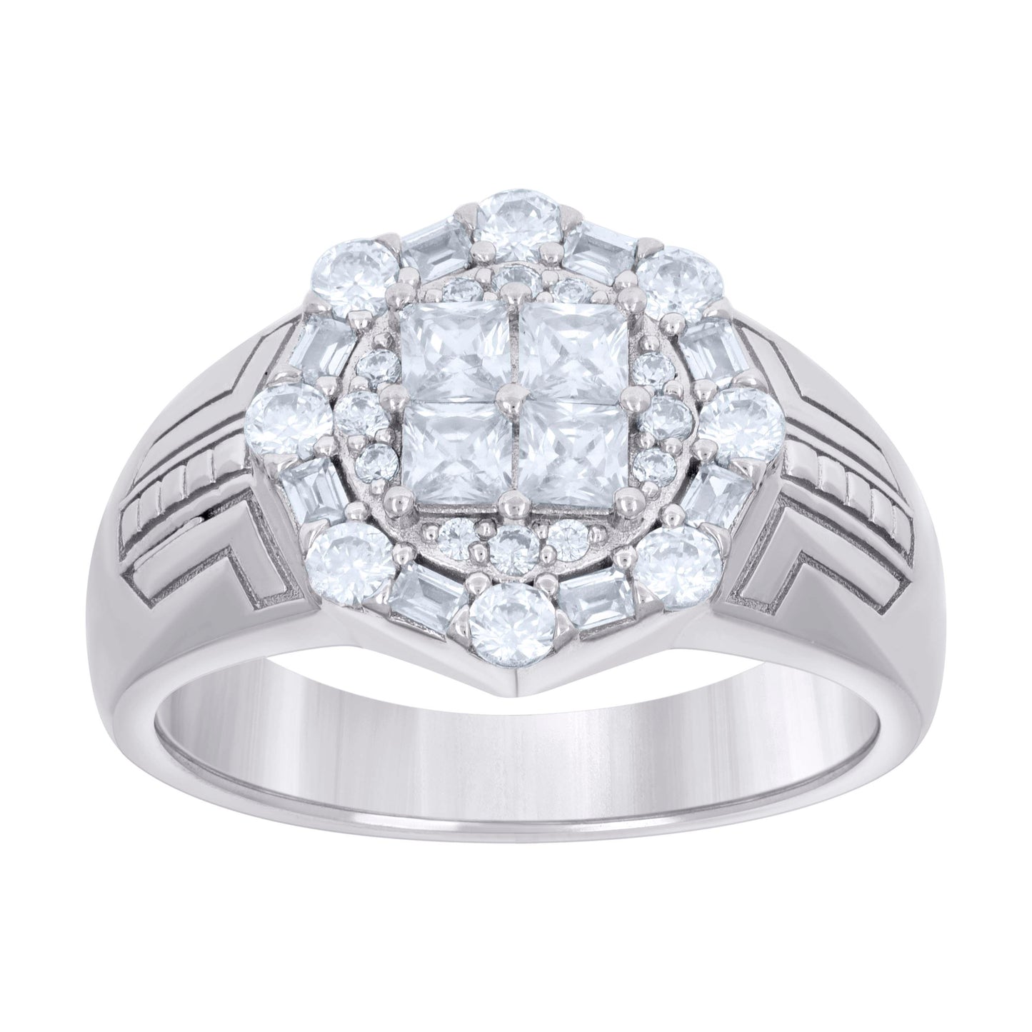 Sterling Silver Men's Baguette Round Cubic-Zirconia Fashion Bridal Anniversary Wedding Engagement Band Ring