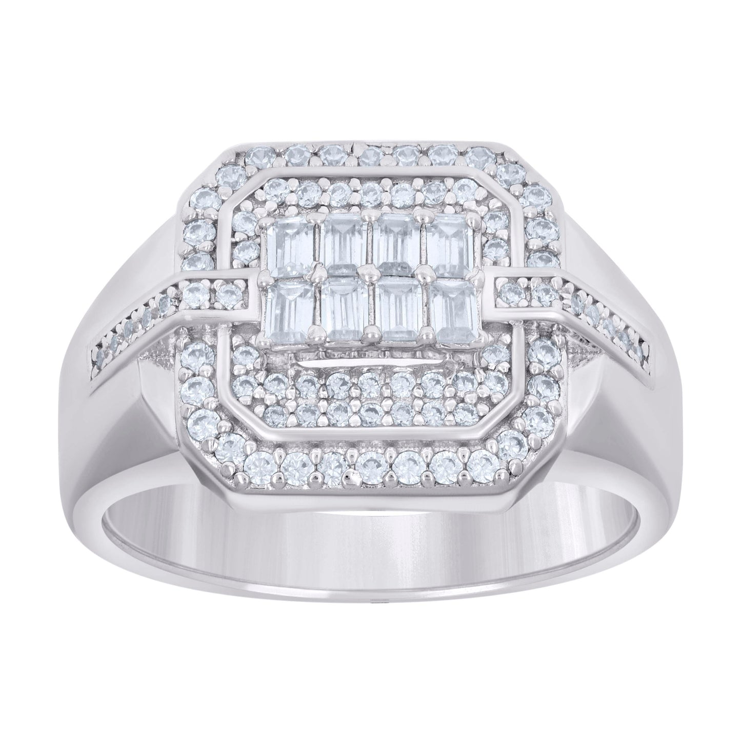 Sterling Silver Mens Baguette Round Cubic-Zirconia Octagon Head Fashion Bridal Anniversary Wedding Engagement Band Ring