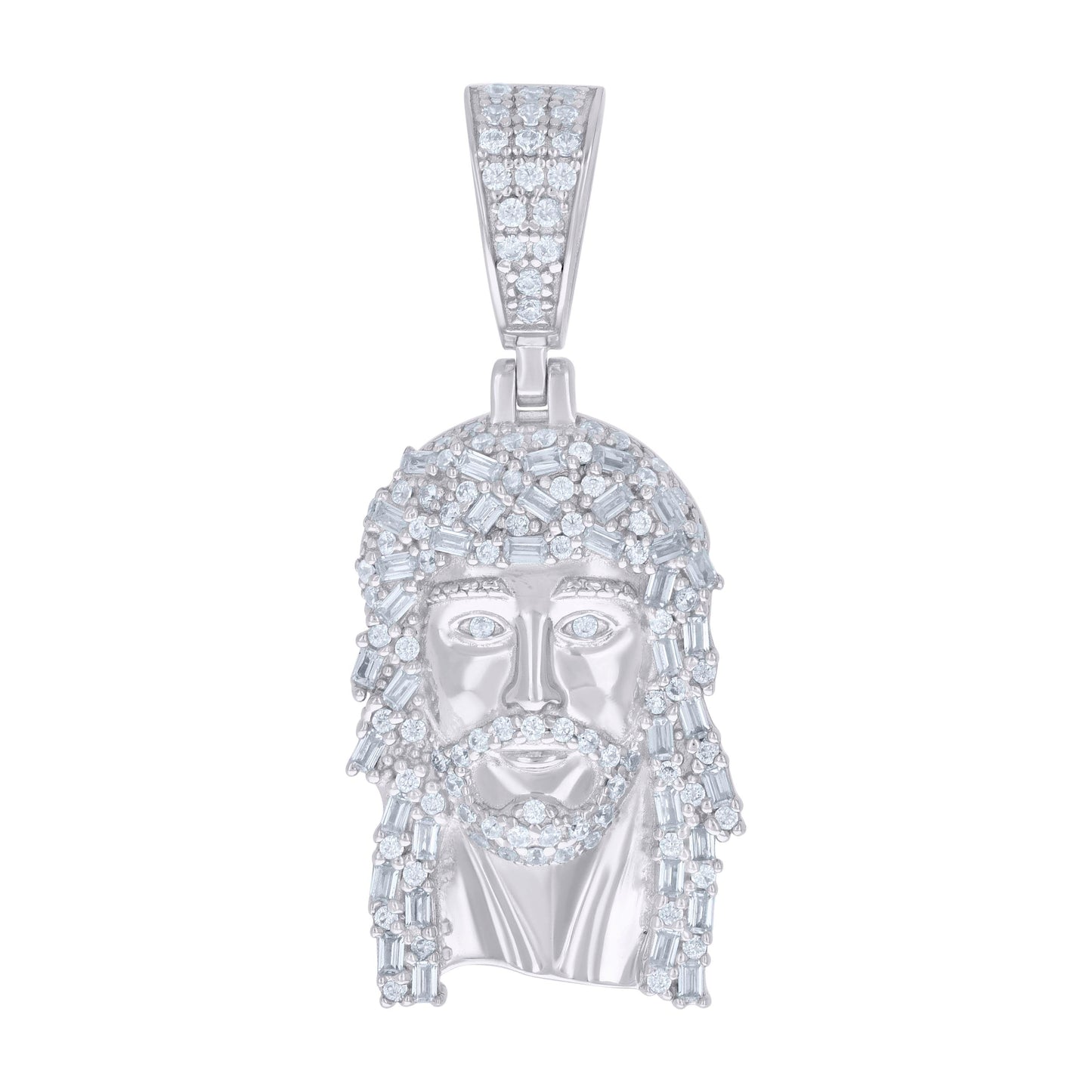 Sterling Silver Unisex Round Baguette Cubic-Zirconia Nuggets Jesus Religious Charm Pendant