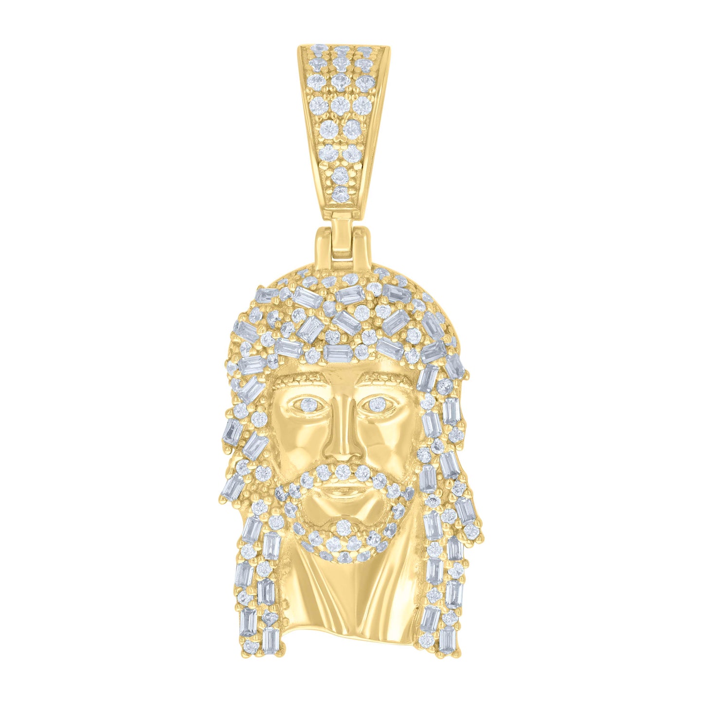 Sterling Silver Unisex Round Baguette Cubic-Zirconia Nuggets Jesus Religious Charm Pendant