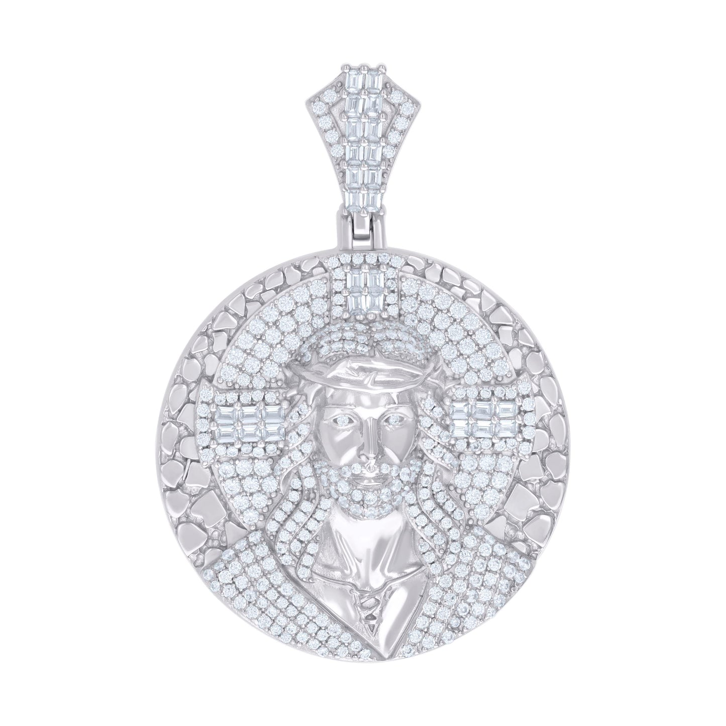 Sterling Silver Unisex Round Baguette Cubic-Zirconia Nuggets Jesus Religious Charm Pendant