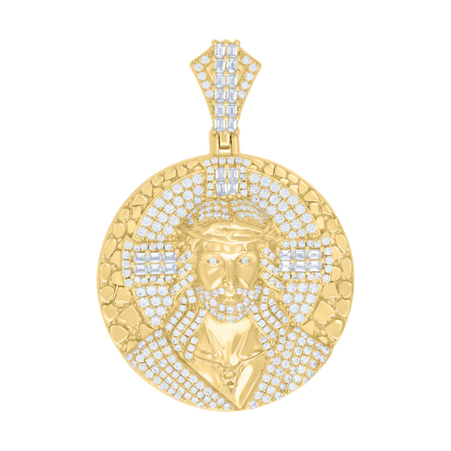 Sterling Silver Unisex Round Baguette Cubic-Zirconia Nuggets Jesus Religious Charm Pendant