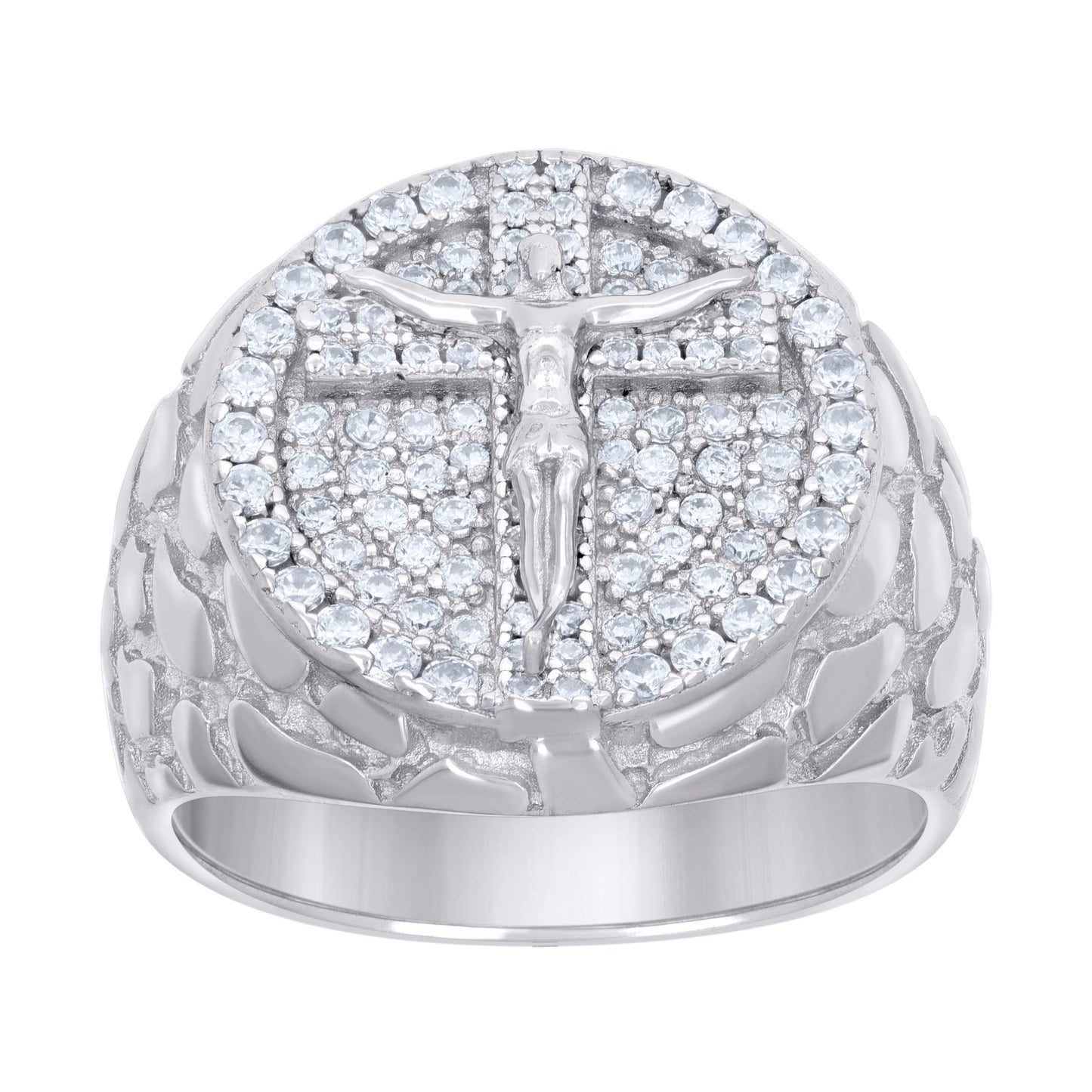 Sterling Silver Mens Cubic-Zirconia Crucifix Cross Religious Bridal Anniversary Wedding Engagement Band Ring