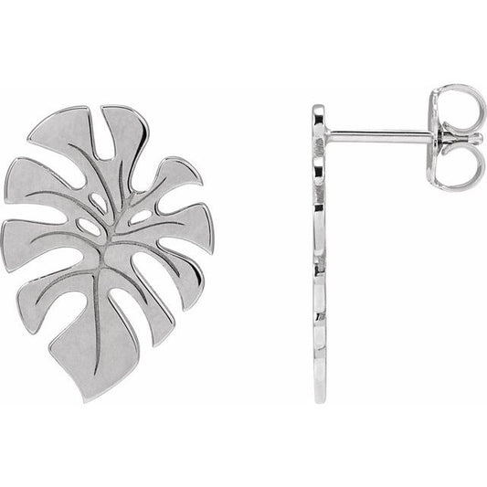 14K White Gold 18 X 13 Mm Pair Friction Back Polished Monstera Leaf Stud Earrings
