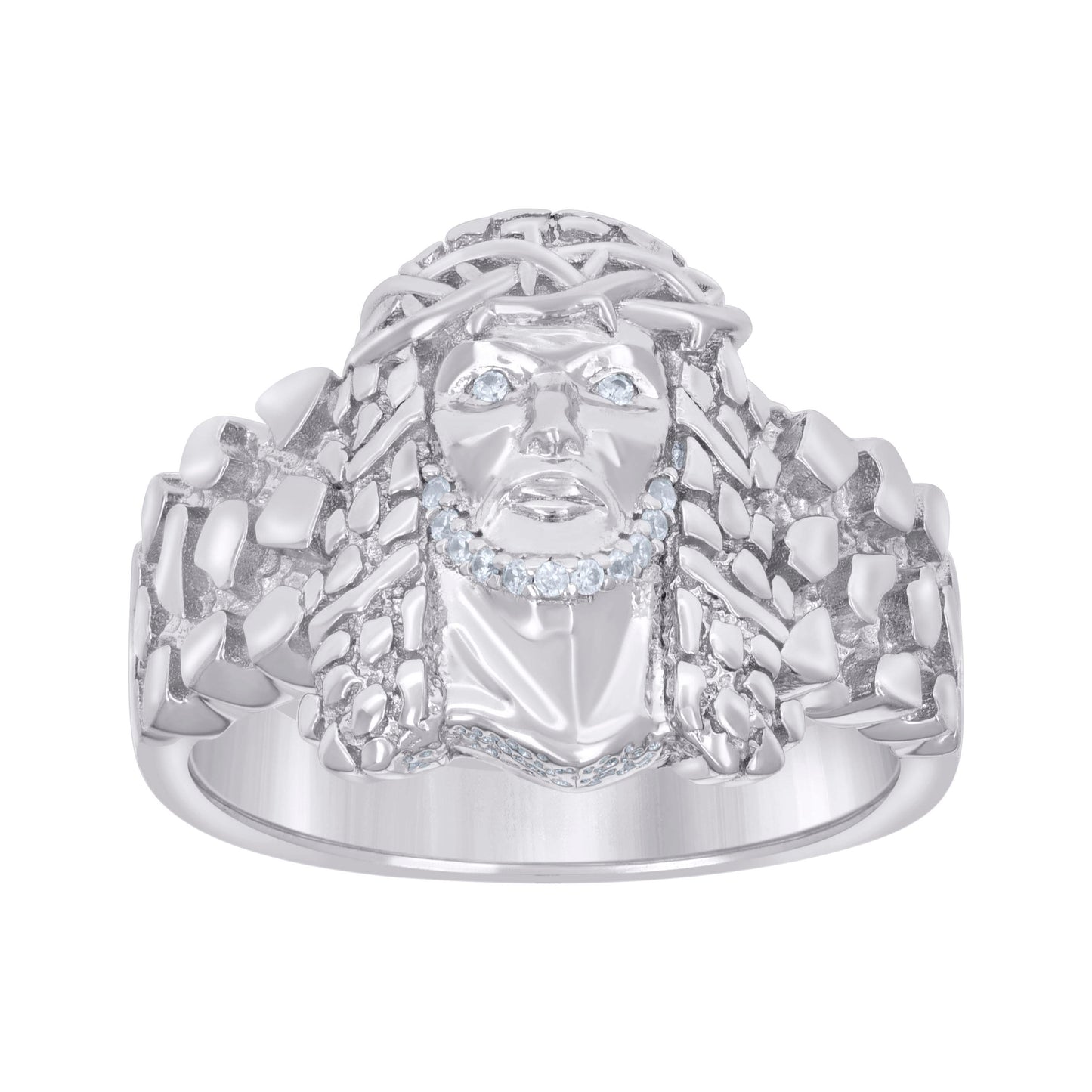 Sterling Silver Mens Cubic-Zirconia Nugget Jesus Religious Bridal Anniversary Wedding Engagement Band Ring