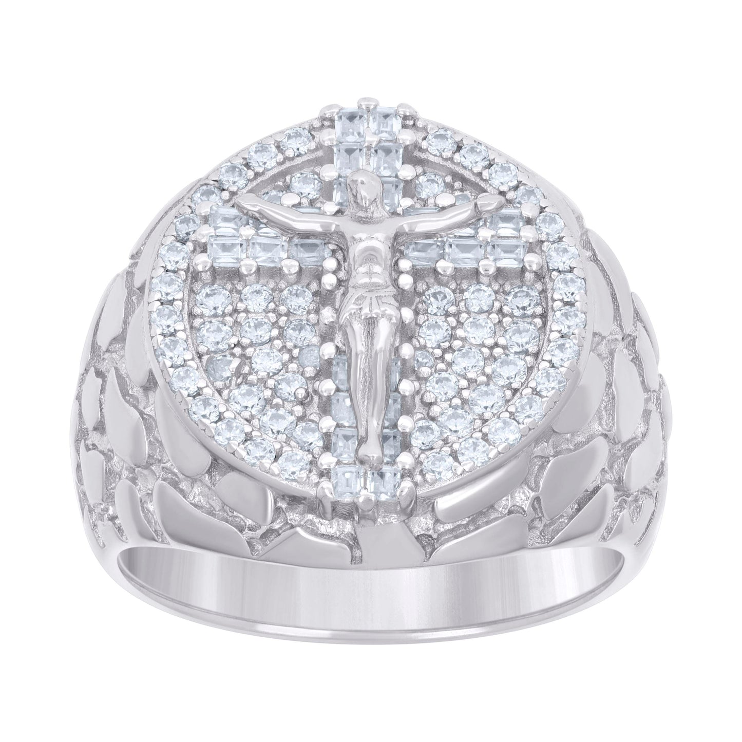 Sterling Silver Mens Baguette Round Cubic-Zirconia Nugget Crucifix Cross Religious Bridal Anniversary Wedding Engagement Band Ring