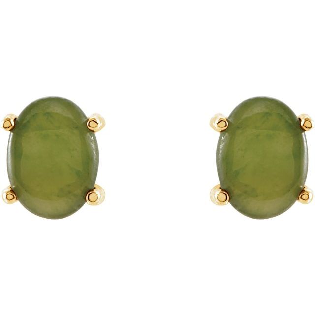 14K Yellow Gold Oval Pair 8 X 6 Mm Friction 4-Prong Polished Natural Nephrite Jade Earrings