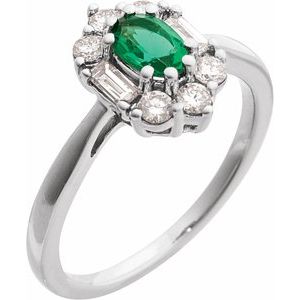 14K White Gold Oval 6 X 4 Mm Polished Lab-Grown Emerald And 3/8 Ctw Natural Diamond Ring Size 7