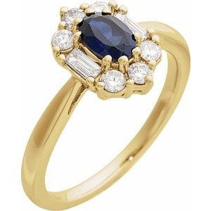 14K Yellow Gold Oval 6 X 4 Mm Natural Diamond Polished Lab-Grown Blue Sapphire And 3/8 Ctw Natural Diamond Ring Size 7