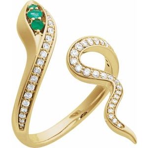 14K Yellow Gold Natural Emerald Round 2.5 Mm Natural Diamond Polished Natural Emerald And 1/3 Ctw Natural Diamond Snake Ring Size 7