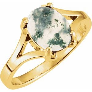 14K Yellow Gold Oval 8 X 6 Mm Moss Agate Cabochon Ring Size 7