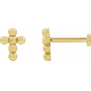 14K Yellow Gold 6.5 X 4.9 Mm Pair Press Fit Back 6 Mm Polished Beaded Cross Press Fit Stud Earrings