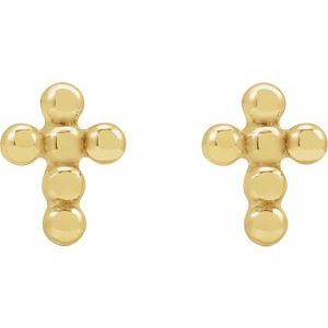 14K Yellow Gold 6.5 X 4.9 Mm Pair Press Fit Back 6 Mm Polished Beaded Cross Press Fit Stud Earrings
