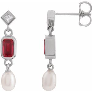 14K White Gold Emerald 5 X 3 Mm Lab-Grown Ruby And .05 Ctw Natural Diamond And Cultured Pearl Dangle Earrings