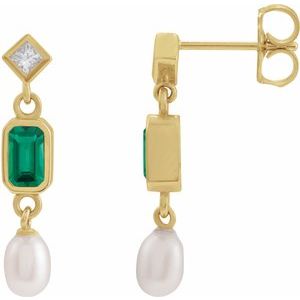 14K Yellow Gold Emerald 5 X 3 Mm Lab-Grown Emerald And .05 Ctw Natural Diamond And Cultured Pearl Dangle Earrings