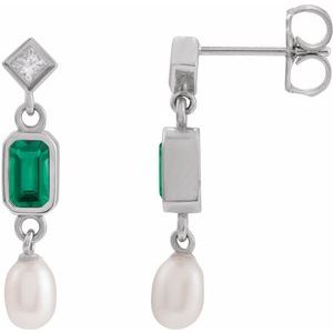 14K White Gold Emerald 5 X 3 Mm Lab-Grown Emerald And .05 Ctw Natural Diamond And Cultured Pearl Dangle Earrings