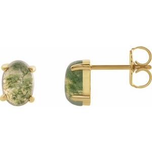 14K Yellow Gold Oval Shape 7 X 5 Mm Natural Moss Agate Cabochon 4-Prong Stud Earrings