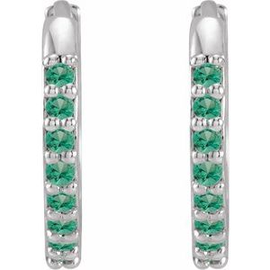 14K White Gold Pair Round Shape 1.3 Mm Lab-Grown Emerald Hinged Hoop Earrings, Length: 12.5 Mm, Thickness: 1.6 Mm