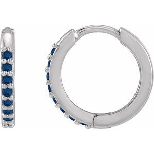 14K White Gold Pair Round Shape 1.3 Mm Lab-Grown Blue Sapphire Hinged Hoop Earrings, Length: 12.5 Mm, Thickness: 1.6 Mm