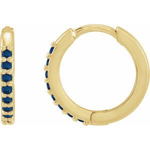 14K Yellow Gold Pair Round Shape 1.3 Mm Lab-Grown Blue Sapphire Hinged Hoop Earrings, Length: 12.5 Mm, Thickness: 1.6 Mm
