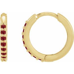 14K Yellow Gold Pair Round Shape 1.3 Mm Lab-Grown Ruby Hinged Hoop Earrings, Length: 12.5 Mm, Thickness: 1.6 Mm