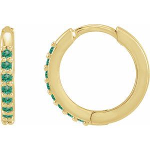 14K Yellow Gold Pair Round Shape 1.3 Mm Lab-Grown Emerald Hinged Hoop Earrings, Length: 12.5 Mm, Thickness: 1.6 Mm