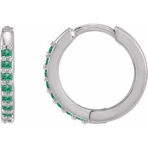14K White Gold Pair Round Shape 1.3 Mm Lab-Grown Emerald Hinged Hoop Earrings, Length: 12.5 Mm, Thickness: 1.6 Mm