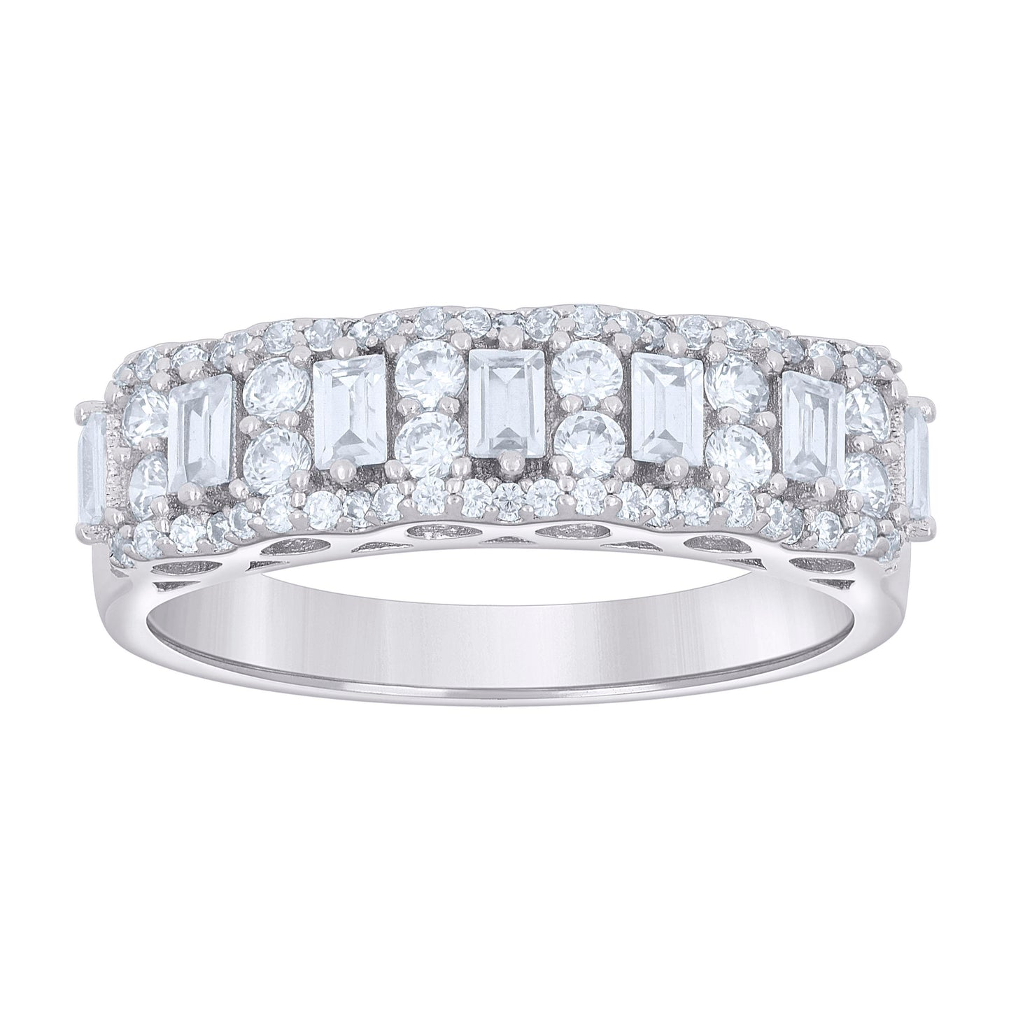 Sterling Silver Womens Baguette Round Cubic-Zirconia Fashion Bridal Anniversary Engagement Wedding Band Ring