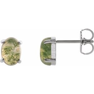 Sterling Silver Oval Shape 7 X 5 Mm Natural Moss Agate Cabochon 4-Prong Stud Earrings