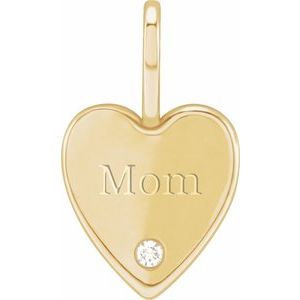 14K Yellow Gold Round 1.7 Mm G-H I1 .02 Ct Natural Diamond Engraved Mom Heart Charm Pendant
