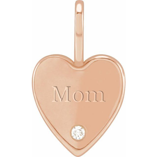 14K Rose Gold Round 1.7 Mm I1, G-H Polished .02 Ct Natural Diamond Engraved Mom Heart Charm/Pendant