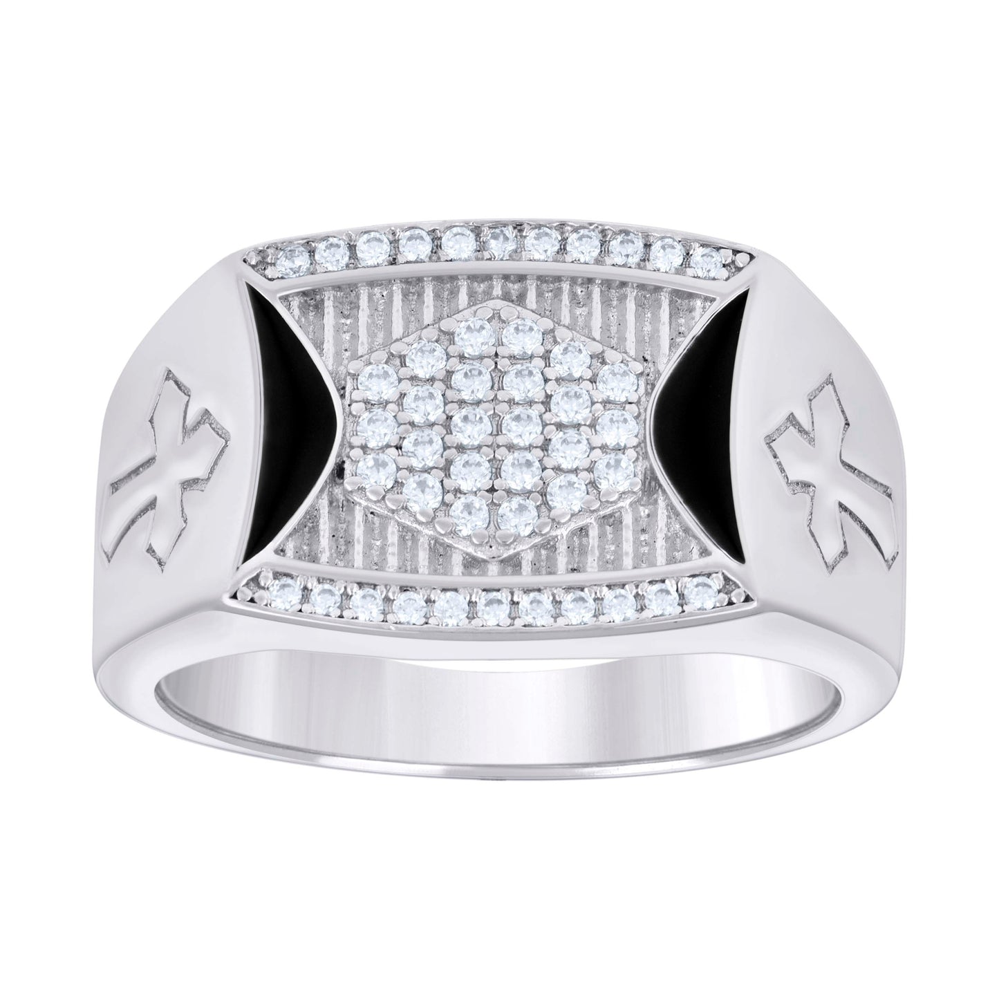 Sterling Silver Mens Cubic-Zirconia Black Enameled Cross Religious Bridal Anniversary Wedding Engagement Band Ring