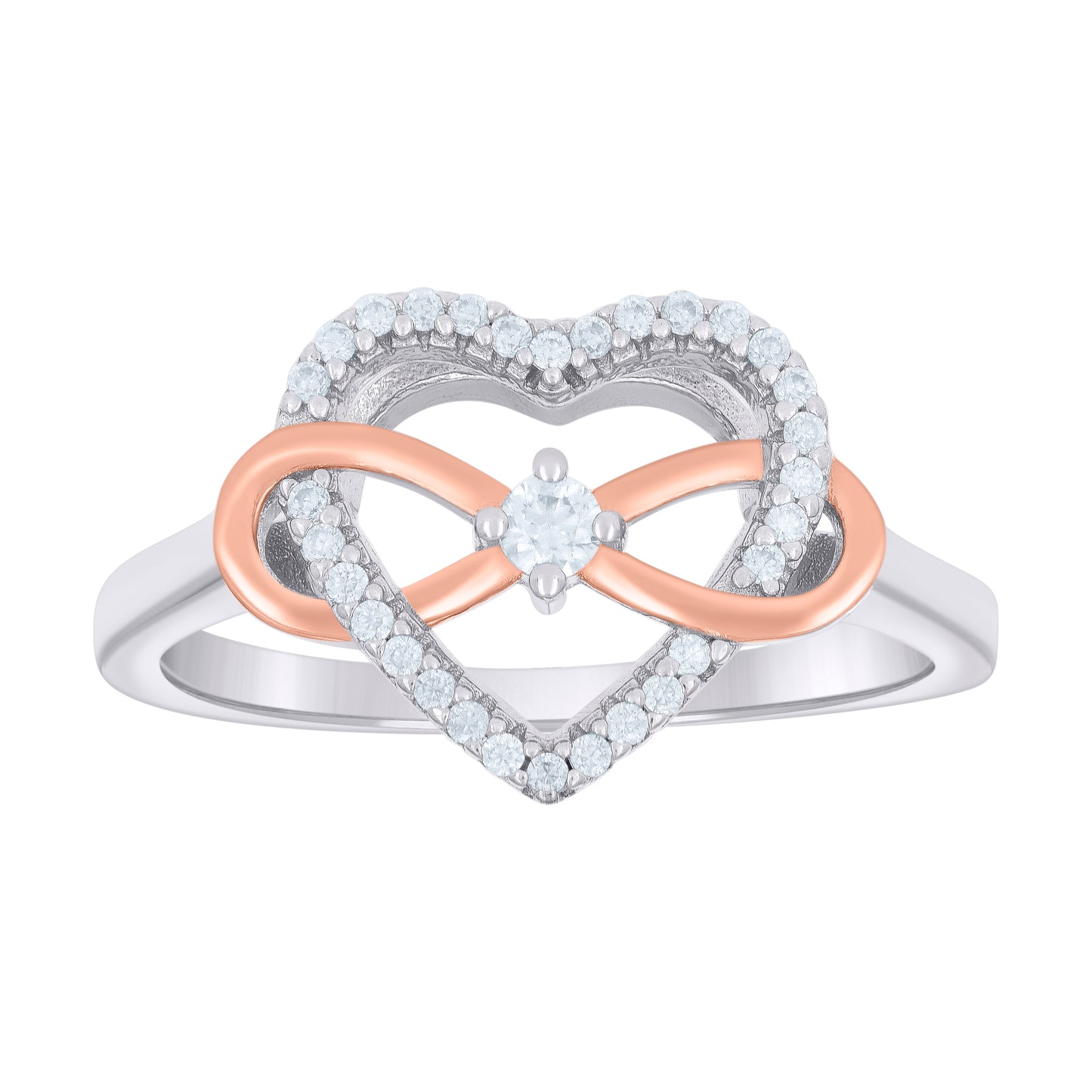 Sterling Silver Rose-tone Womens 0.18ct Moissanite Love Heart Infinity Bridal Anniversary Engagement Wedding Ring
