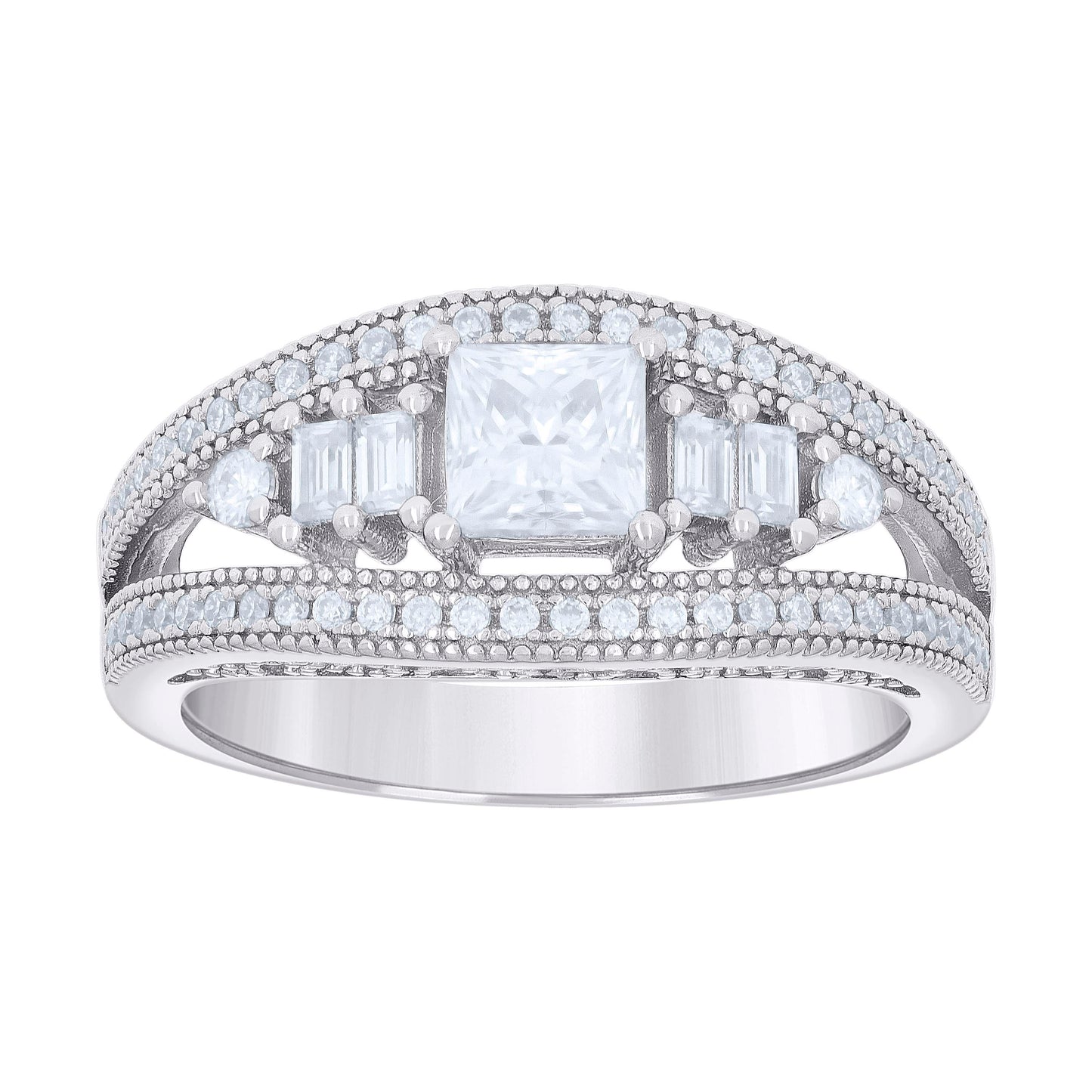 Sterling Silver Womens Princess-cut/Baguette Round Cubic-Zirconia Fashion Bridal Anniversary Wedding Engagement Band Ring Sizes 5 - 10