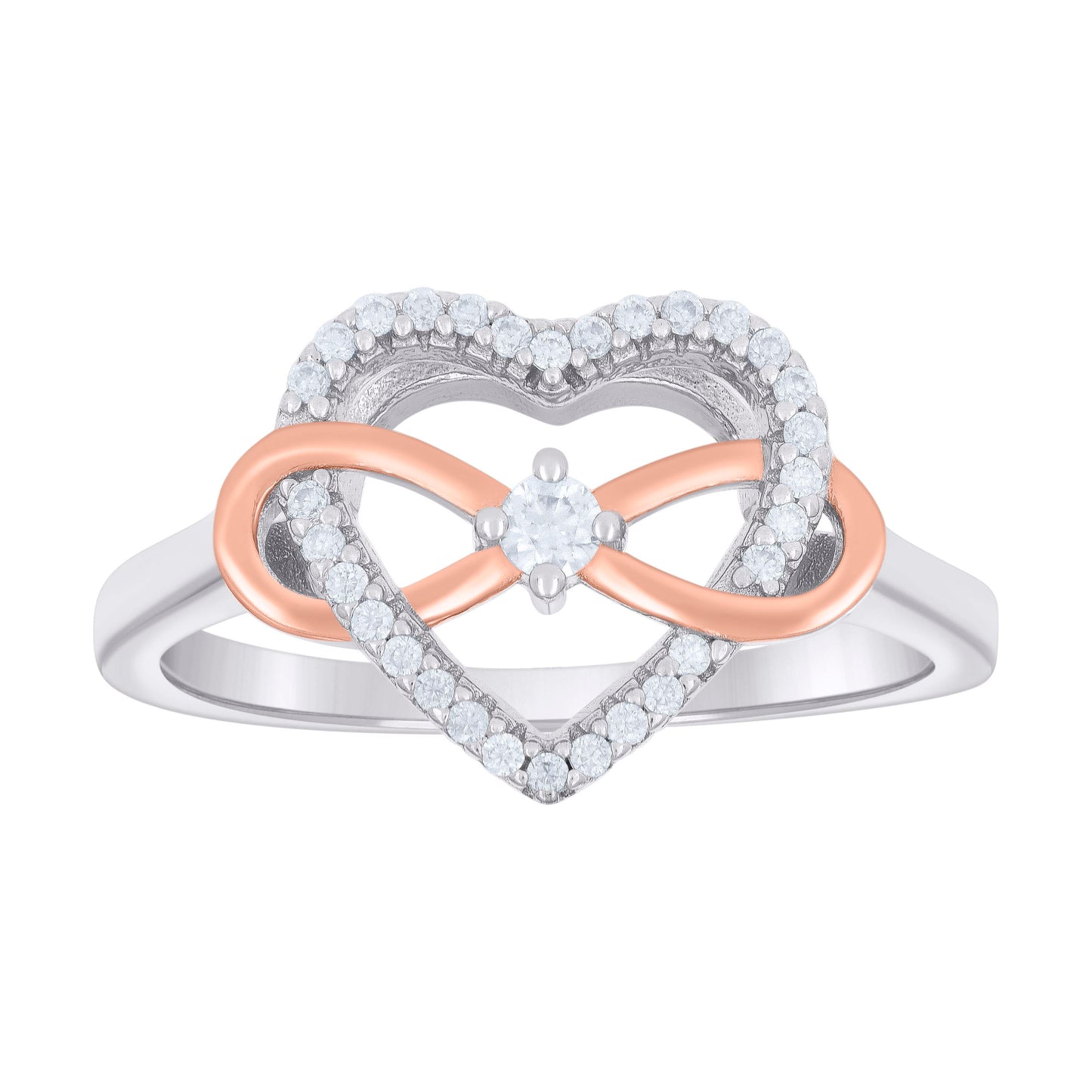 Sterling Silver Rose-tone Womens Cubic-Zirconia Love Heart Infinity Bridal Anniversary Engagement Wedding Ring Sizes 5 - 9