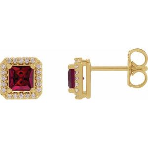 14K Yellow Gold Square 4 X 4Mm I1, G-H Lab-Grown Ruby And .08 Ctw Natural Diamond 4-Prong Friction Back Halo-Style Basket Earrings