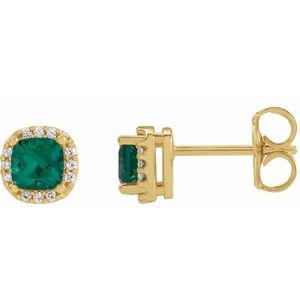 14K Yellow Gold Cushion 4 X 4 Mm Lab-Grown Emerald And .06 Ctw Natural Diamond Low Profile Halo-Style Earrings