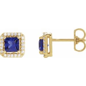 14K Yellow Gold Square 4 X 4Mm I1, G-H Lab-Grown Blue Sapphire And .08 Ctw Natural Diamond 4-Prong Friction Back Halo-Style Basket Earrings