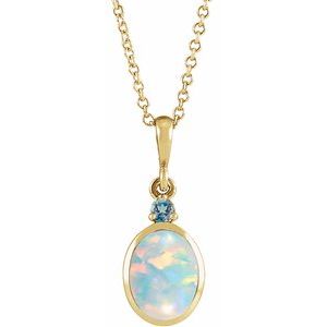 14K Yellow Gold Oval 5 X 3 Mm  Lab Grown White Opal And Natural London Blue Topaz Bezel-Set Cabochon Necklace, Length: 18 In