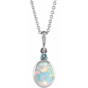 Sterling Silver Oval 6 X 4 Mm  Lab Grown White Opal And Natural London Blue Topaz Bezel-Set Cabochon Necklace, Length: 18 In