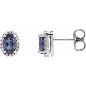 14K White Gold Oval 6 X 4 Mm Lab-Grown Alexandrite And .06 Ctw Natural Diamond Halo-Style Basket Earrings