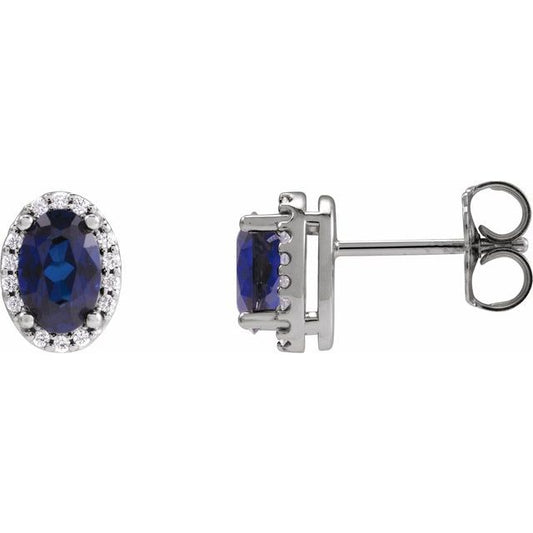 14K White Gold Oval 5 X 3 Mm Friction Backs Polished Lab-Grown Blue Sapphire And .04 Ctw Natural Diamond Halo-Style Basket Earrings