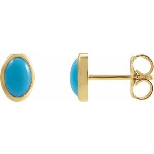 14K Yellow Gold Oval Shape 6 X 4 Mm Natural Cabochon Turquoise Bezel Earrings