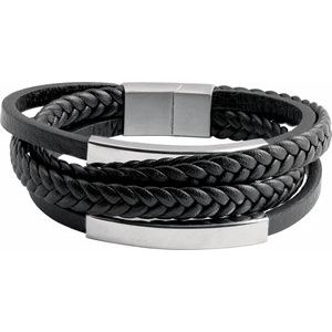 Stainless Steel  8 In 11 Mm Multi-Strand Leather Cord Bracelet With Brushed Stainless Steel Clasp