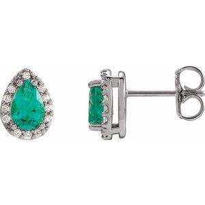 14K White Gold Pear 5 X 3 Mm Lab-Grown Emerald And .05 Ctw Natural Diamond Halo-Style Basket Earrings